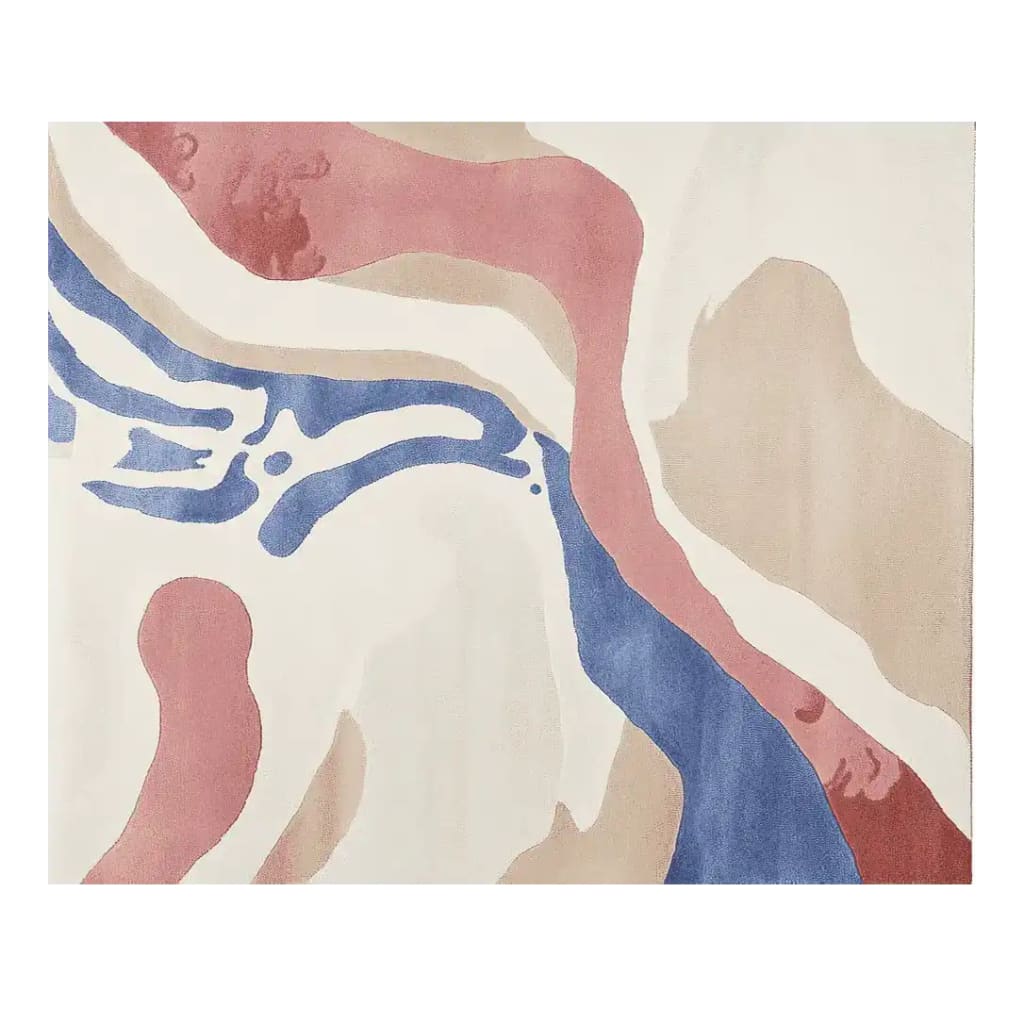 Top view of the Floating Form Echo Hand Tufted Rug showcasing its abstract design in soft earthy tones. This contemporary area rug, crafted from high-quality wool, adds a modern touch to living room decor.