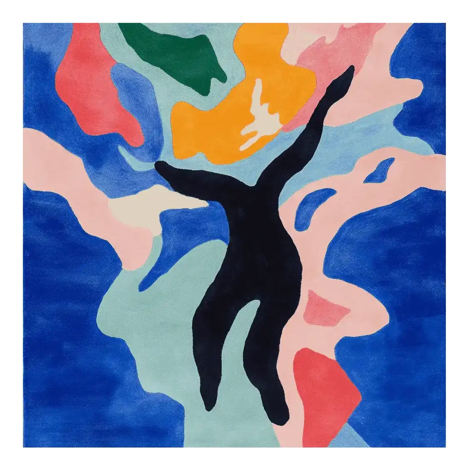 Vibrant contemporary area rug with an abstract design, featuring bold colors like blue, green, orange, and pink, perfect as a square area rug for large living rooms. Made from soft wool, this hand-tufted rug adds an artistic flair to any living room area.