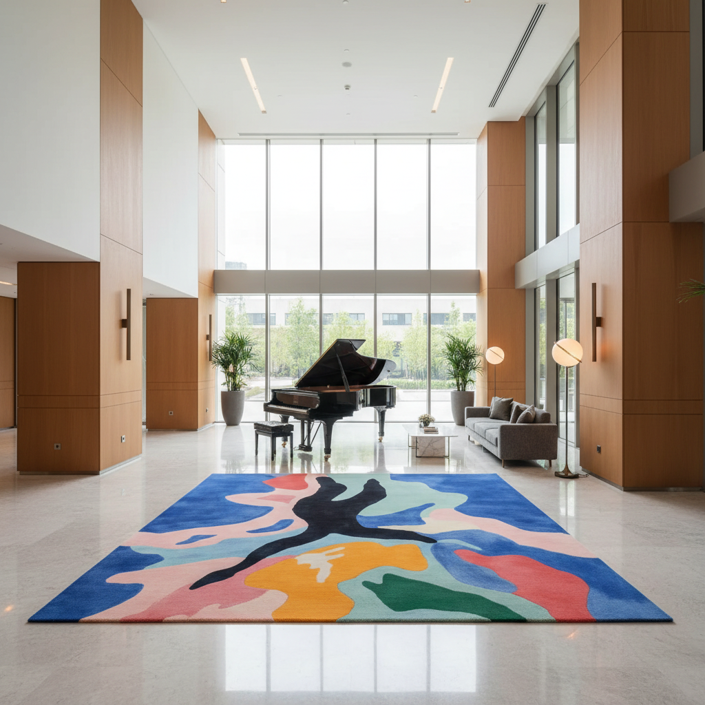 Modern interior with a grand piano and colorful abstract rug
