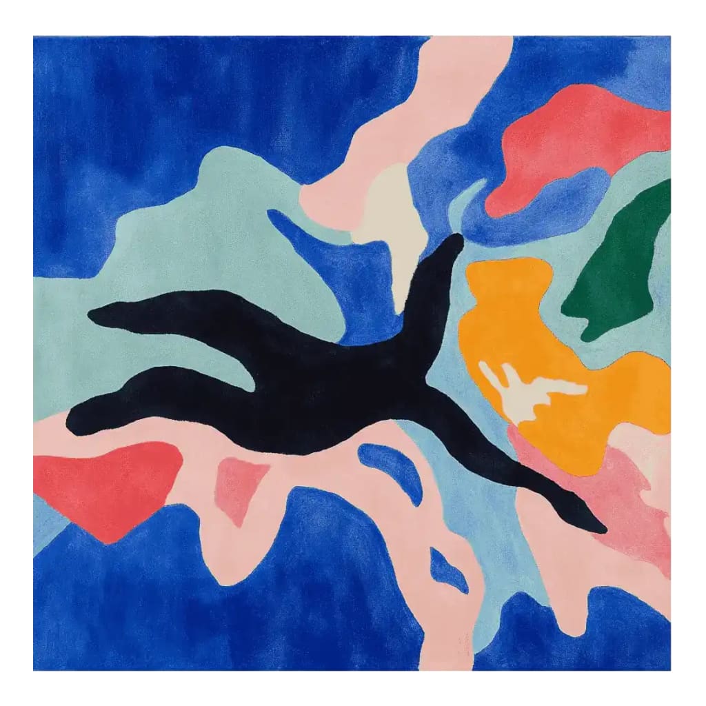 Contemporary wool area rug with abstract design, featuring vibrant colors like blue, pink, orange, and green. This square rug is perfect for large living rooms, adding a modern touch to any space.