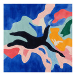 Contemporary wool area rug with abstract design, featuring vibrant colors like blue, pink, orange, and green. This square rug is perfect for large living rooms, adding a modern touch to any space.