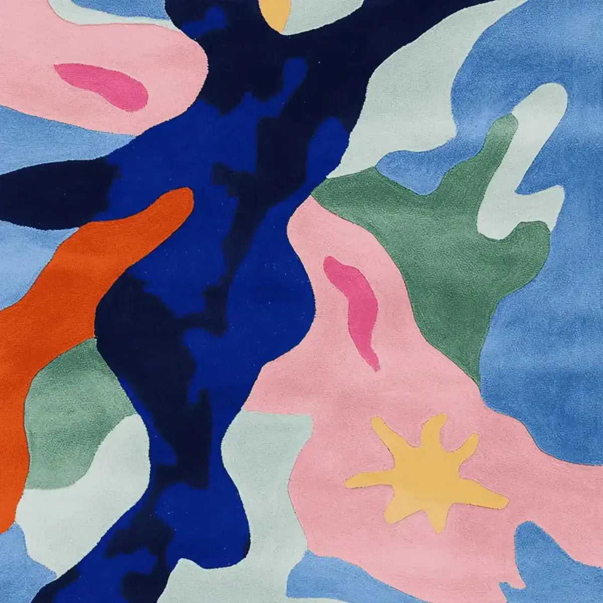 Vibrant and contemporary hand-tufted wool area rug featuring an abstract design with bold colors, perfect for a large living room. This square area rug showcases a mix of blue, pink, green, and orange hues, adding a modern touch to any space.