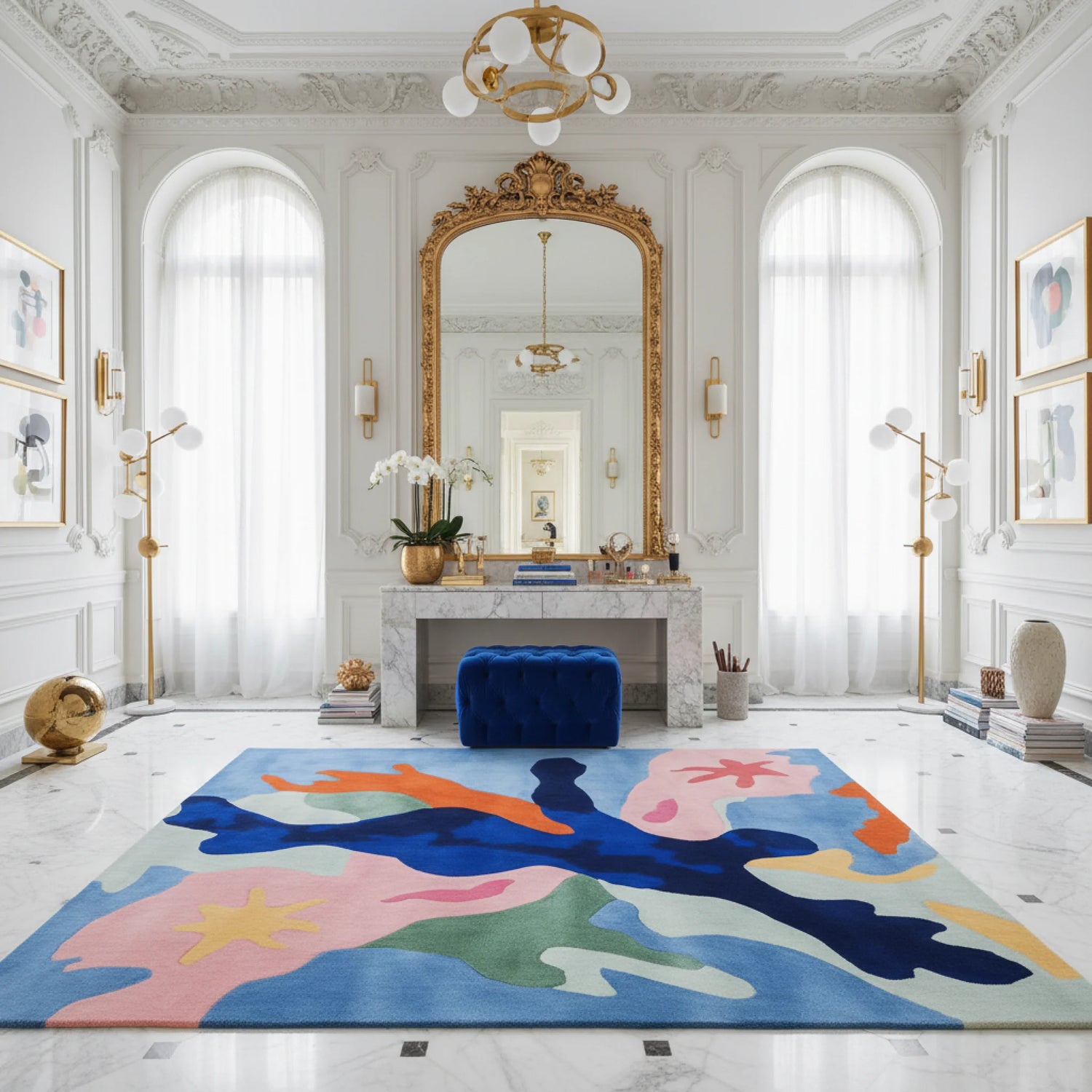 Colorful abstract rug in a luxurious room with marble fireplace and gold mirror.