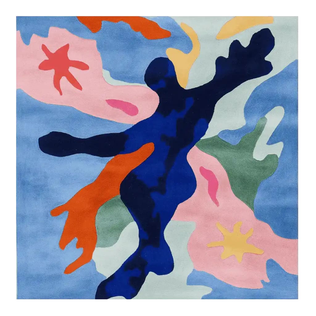 Vibrant contemporary area rug featuring abstract shapes in bold colors, perfect for a large living room. This square rug is hand-tufted with wool, showcasing a mix of blues, pinks, oranges, and greens.