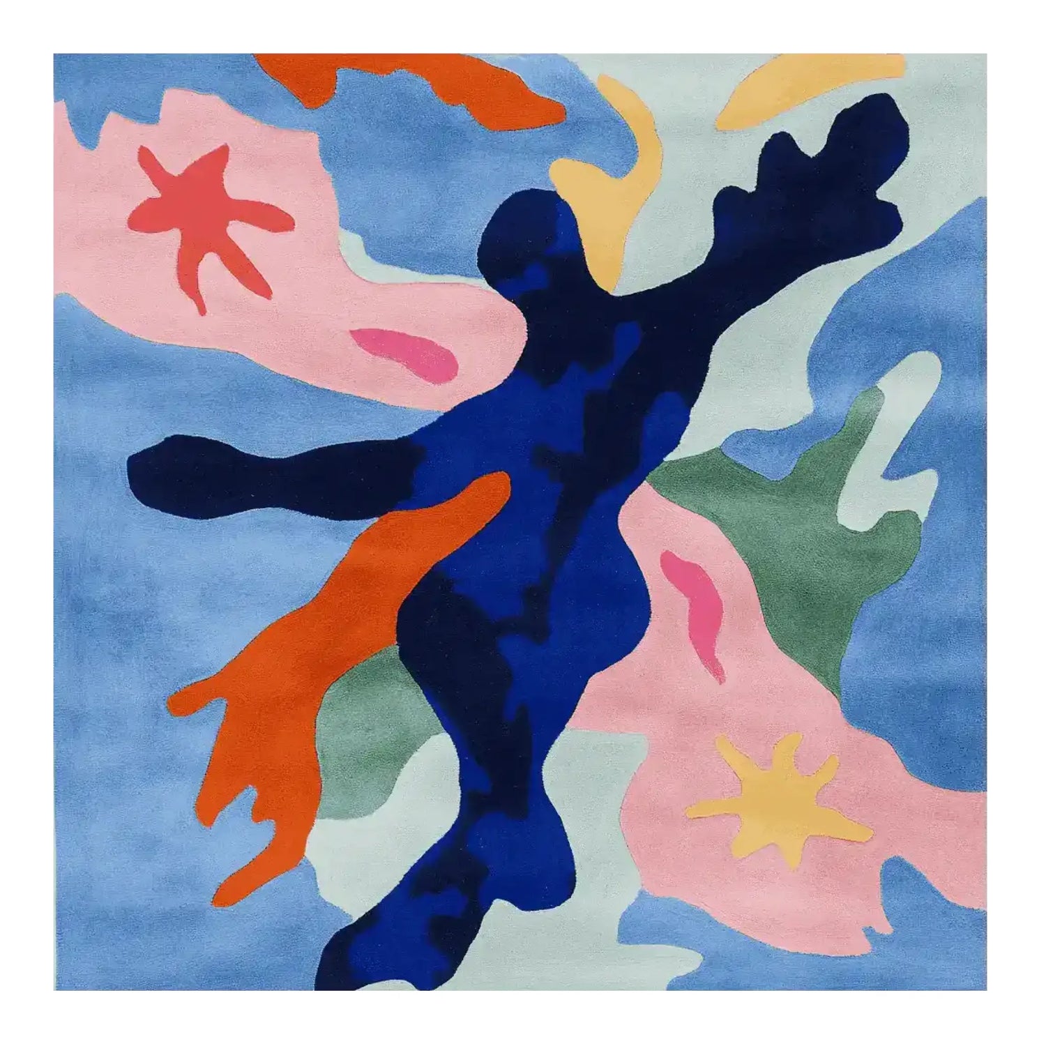 Vibrant contemporary area rug featuring abstract shapes in bold colors, perfect for a large living room. This square rug is hand-tufted with wool, showcasing a mix of blues, pinks, oranges, and greens.