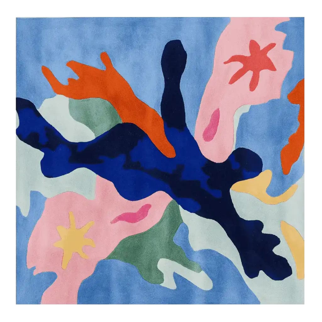 A vibrant abstract design on a square area rug, showcasing bold colors like blue, orange, pink, and green on a wool rug. Perfect for a contemporary living room, this large living room rug adds an artistic touch to any space.