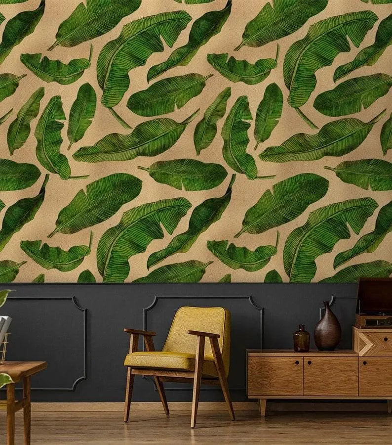 Floating Green Banana Leaves Wallpaper Mural