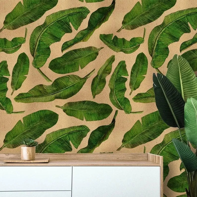 Floating Green Banana Leaves Wallpaper Mural