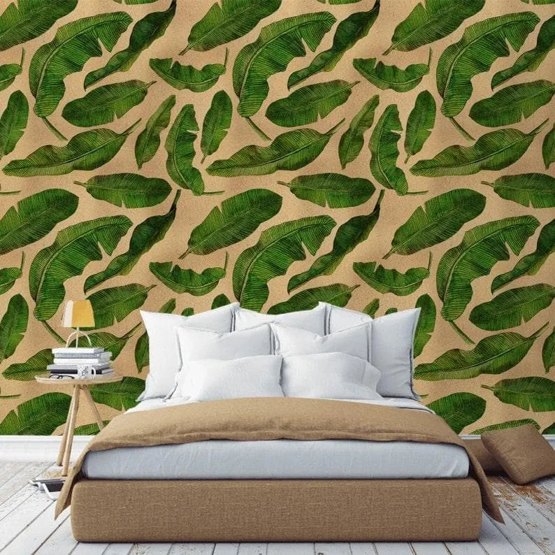 Floating Green Banana Leaves Wallpaper Mural