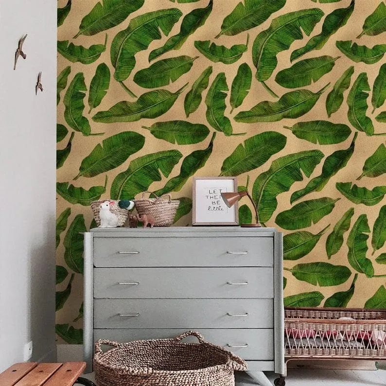 Floating Green Banana Leaves Wallpaper Mural