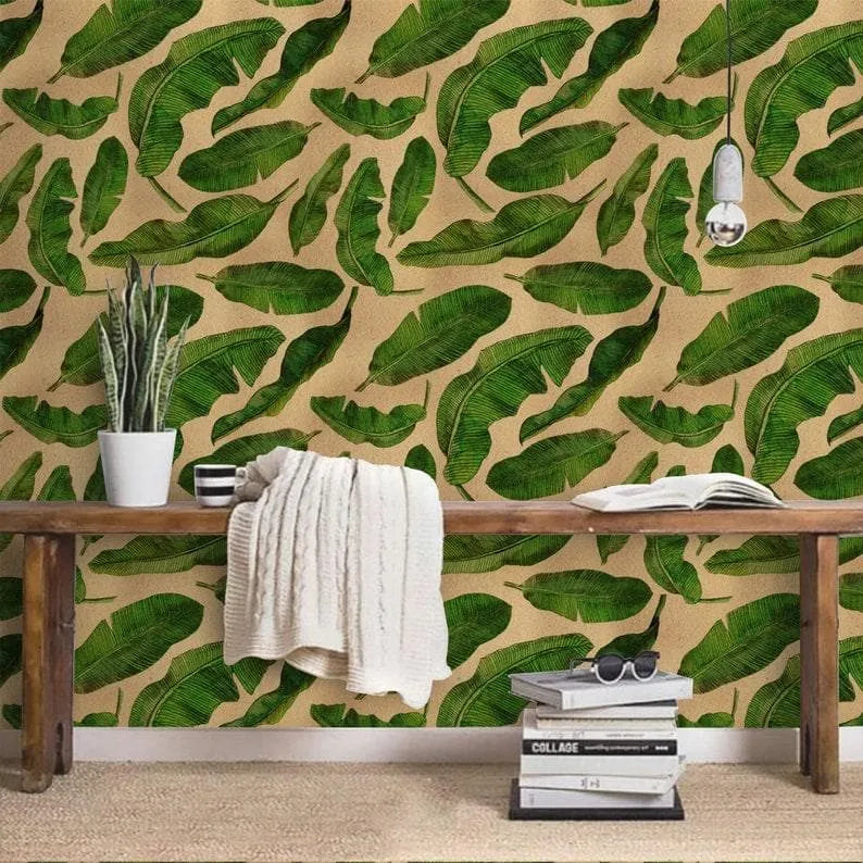 Floating Green Banana Leaves Wallpaper Mural