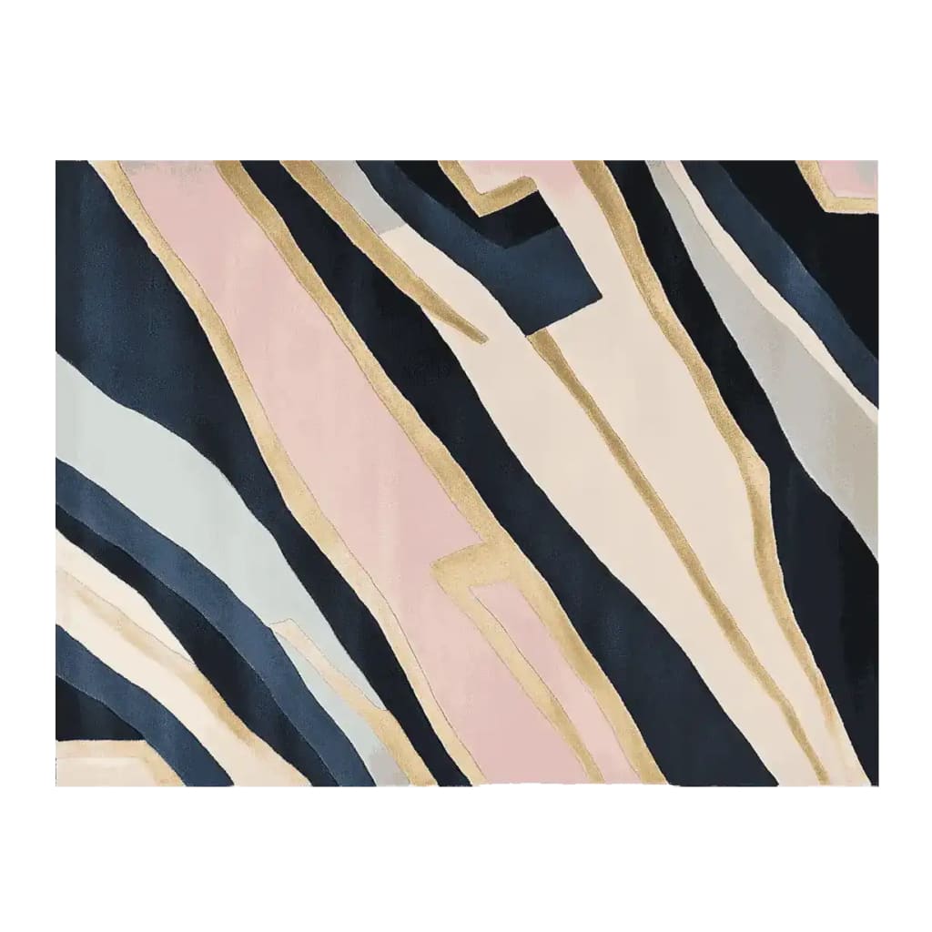 This contemporary area rug features an abstract design with flowing lines in shades of pink, navy, and cream. Perfect for adding a modern touch to your living room, this hand-tufted wool rug measures 8x10 and offers a stylish blend of colors and textures.