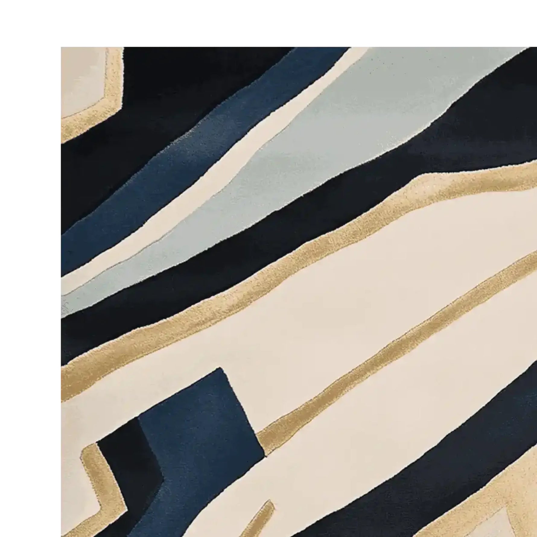 A contemporary area rug featuring a hand-tufted abstract design with flowing stripes in shades of navy, light blue, and beige. This chic wool rug is perfect for adding a modern touch to living rooms, especially in an 8x10 size.