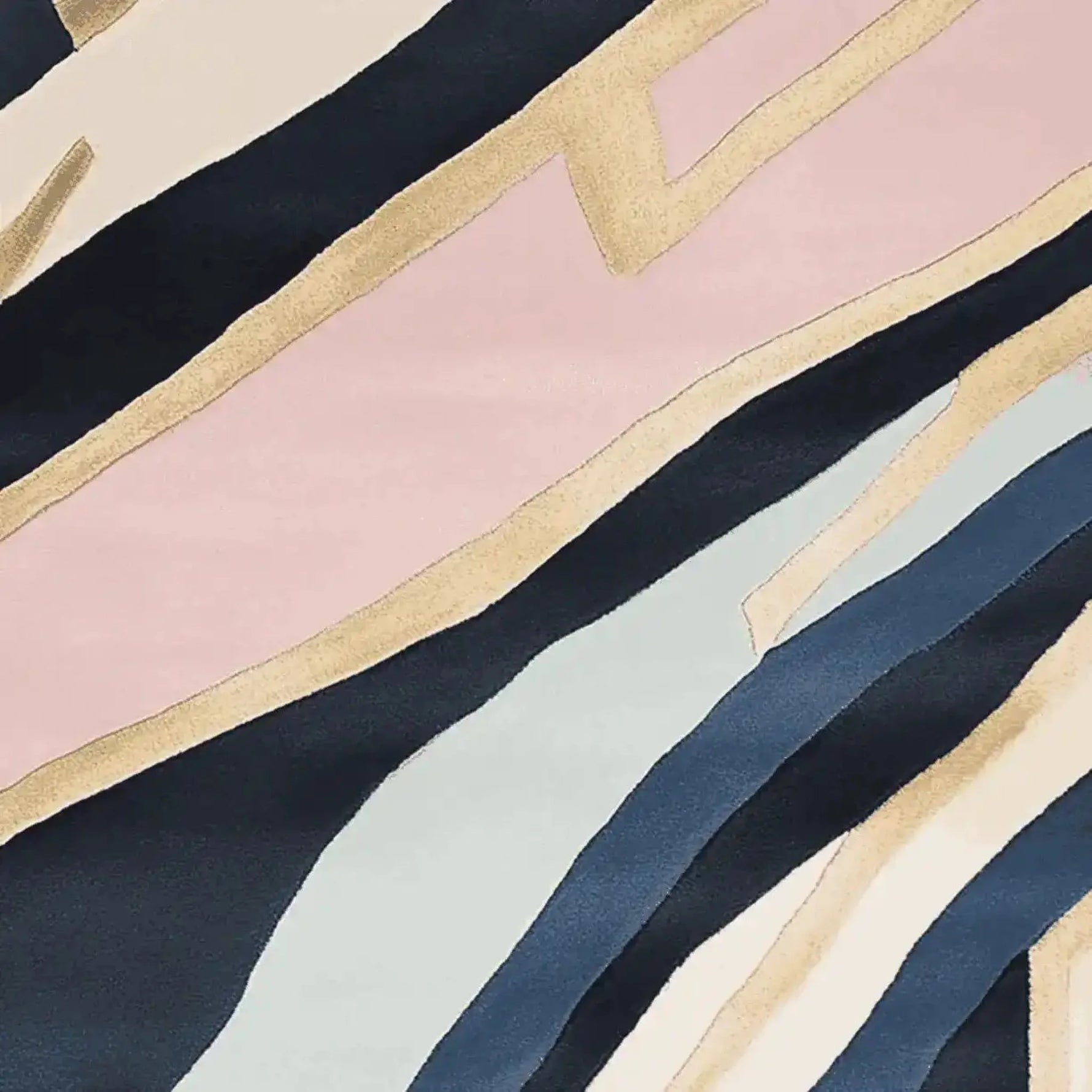 A contemporary hand tufted area rug showcasing an abstract design with flowing lines of pink, beige, black, and blue. This wool rug is perfect for adding a stylish touch to living room decor, particularly in an 8x10 size.