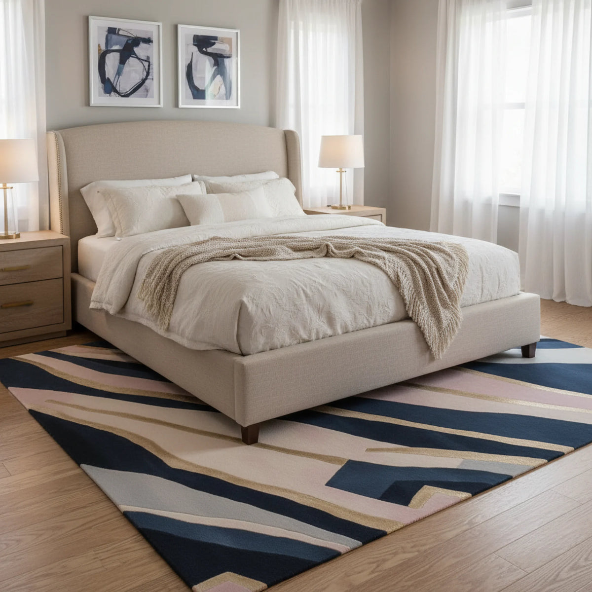 Neatly made bed in a bedroom with a striped rug and framed artwork on the wall.