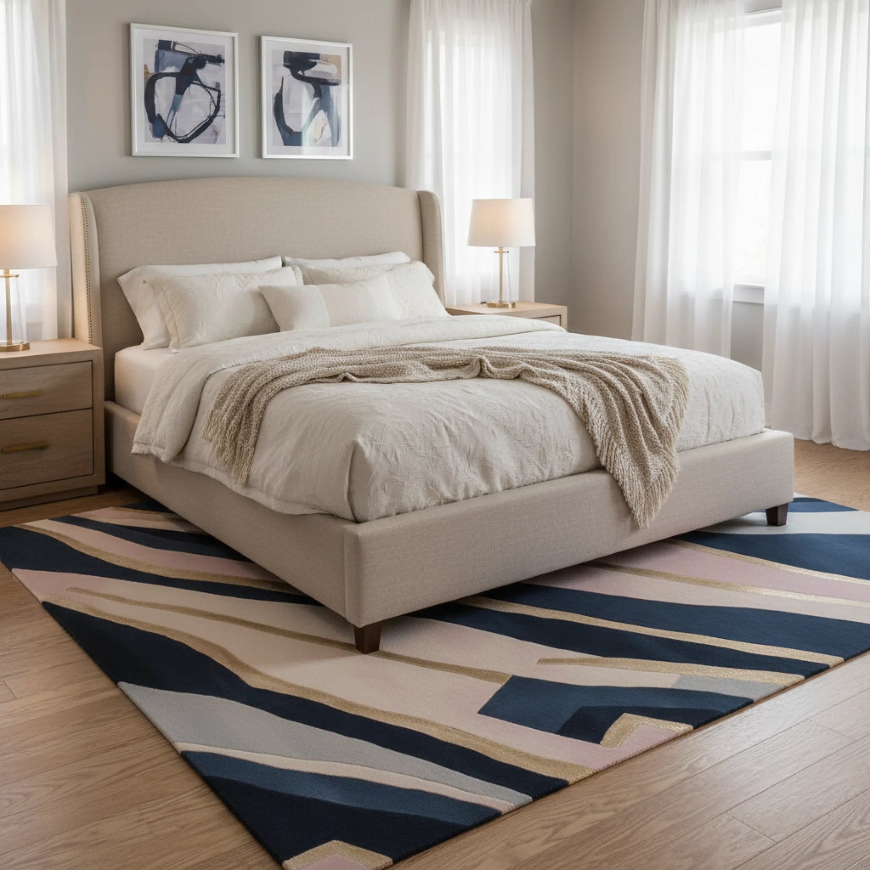 Neatly made bed in a bedroom with a striped rug and framed artwork on the wall.