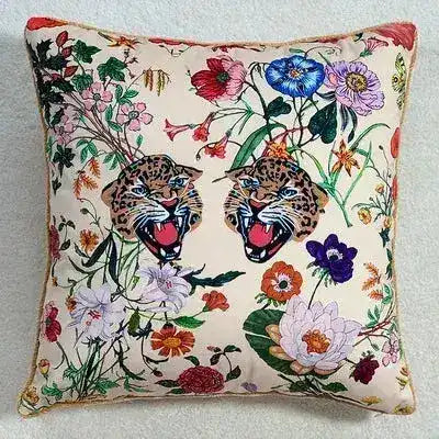 Flora Cheetah Velvet Decorative Throw Pillow Cover featuring vibrant floral patterns and leopard designs