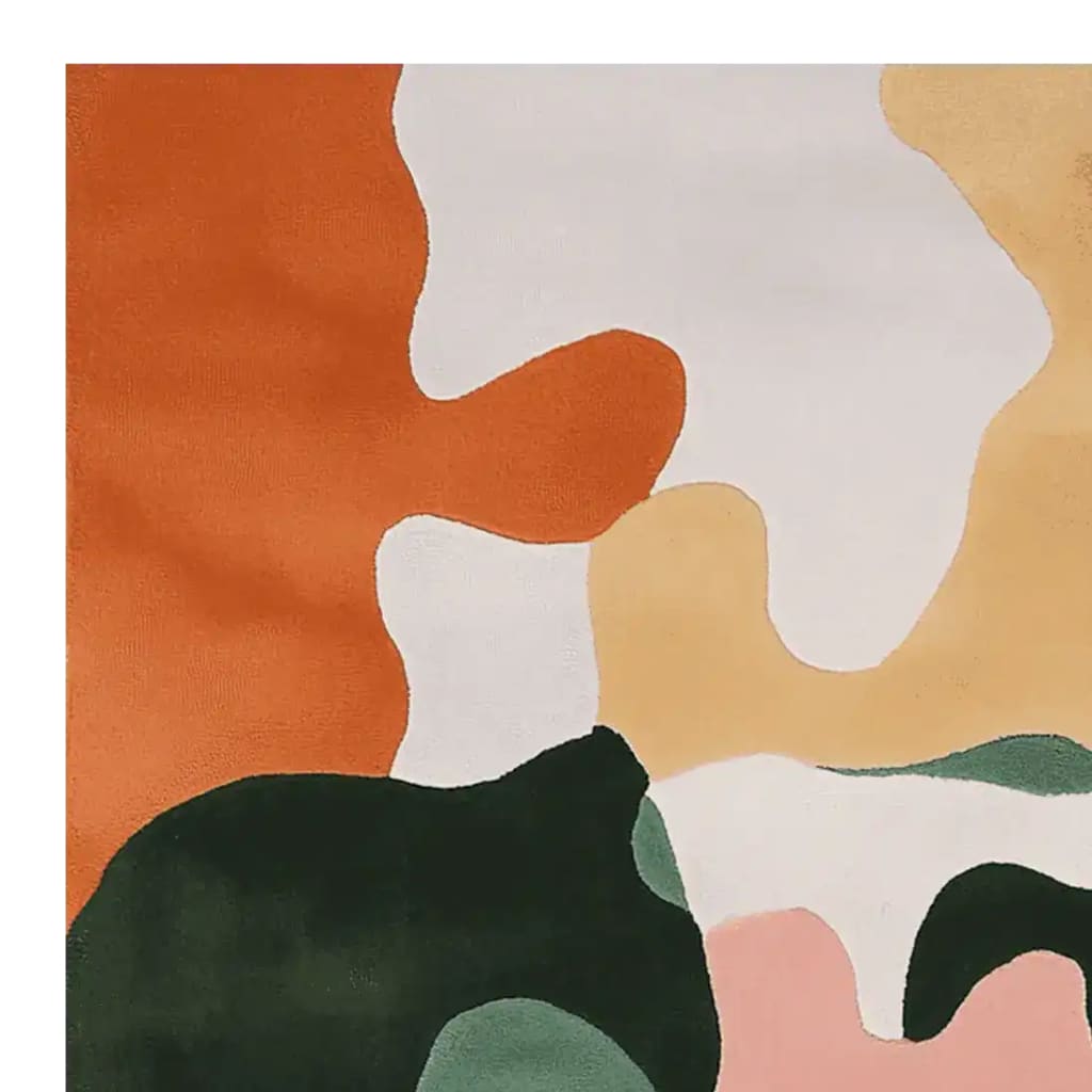 Top view of a contemporary hand-tufted area rug featuring an abstract design with bold colors like orange, green, and beige. Ideal for modern living rooms, this 8x10 wool rug adds a stylish touch to any space.