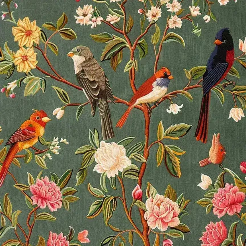 This beautifully detailed area rug features a vibrant floral and fauna design with colorful birds perched on branches, set against a lush green background. Ideal for adding a touch of nature to your living room or office, this square wool rug combines elegance and charm, making it a perfect choice for those seeking a unique and stylish square area rug.