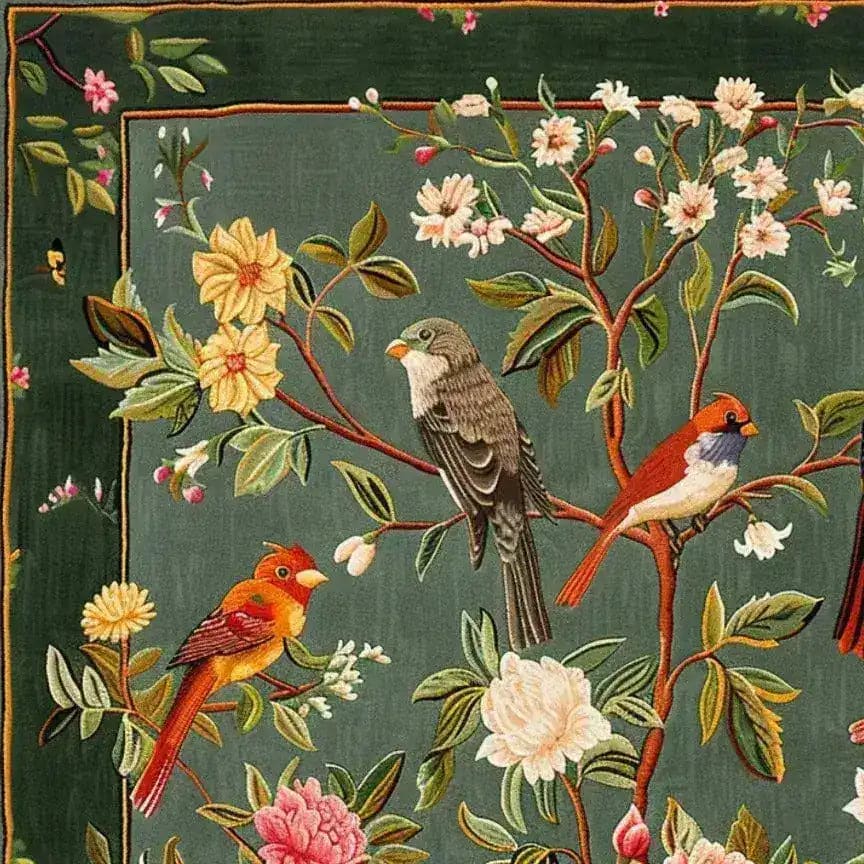 Beautiful square area rug featuring a vibrant floral and fauna design with colorful birds perched on branches. Ideal for adding a touch of nature to your living room or office, this hand-tufted wool rug offers elegance and warmth.