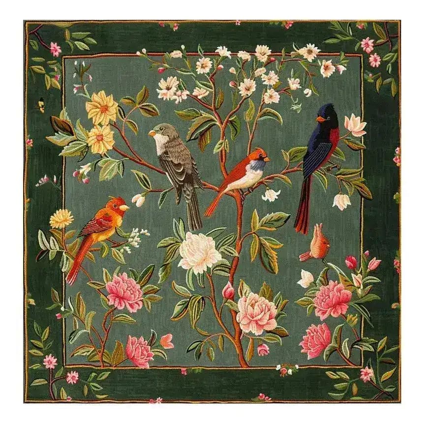 The Flora & Fauna Square Hand Tufted Wool Rug features a vibrant and intricate design of colorful birds perched among blooming flowers on a rich green background. This elegant square area rug is perfect for adding a touch of nature to your office or living room decor. Made from high-quality wool, this floral rug combines durability with artistic beauty, making it an ideal choice for those seeking stylish rugs for living rooms.