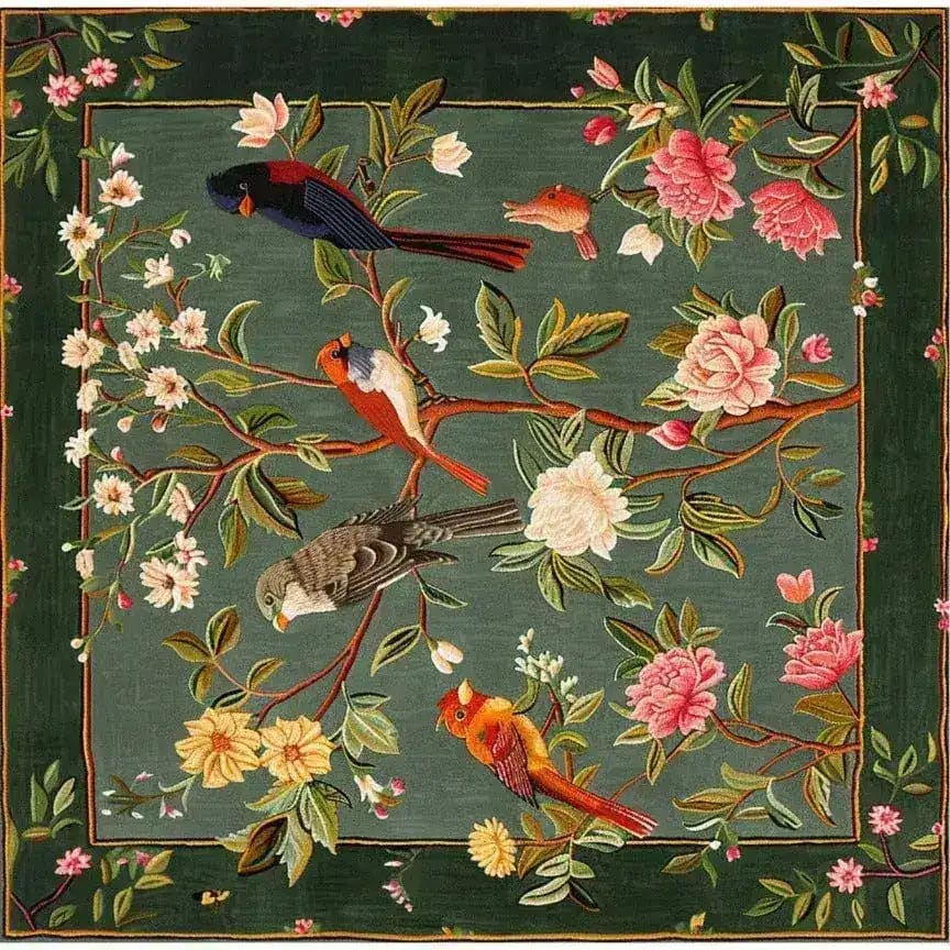This beautiful square area rug features an elegant floral design with birds amidst blooming flowers, perfect for adding a touch of nature to your living room or office. Hand tufted from high-quality wool, this floral rug combines durability with exquisite artistry, making it an ideal choice for those seeking a stylish wool rug.