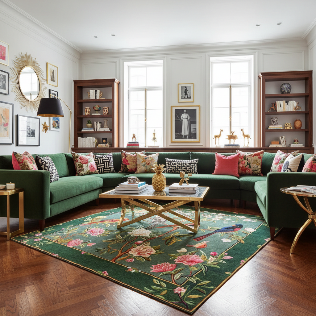 Flora & Fauna square hand tufted wool rug in library room with emerald sectional, dark green with birds and blooms