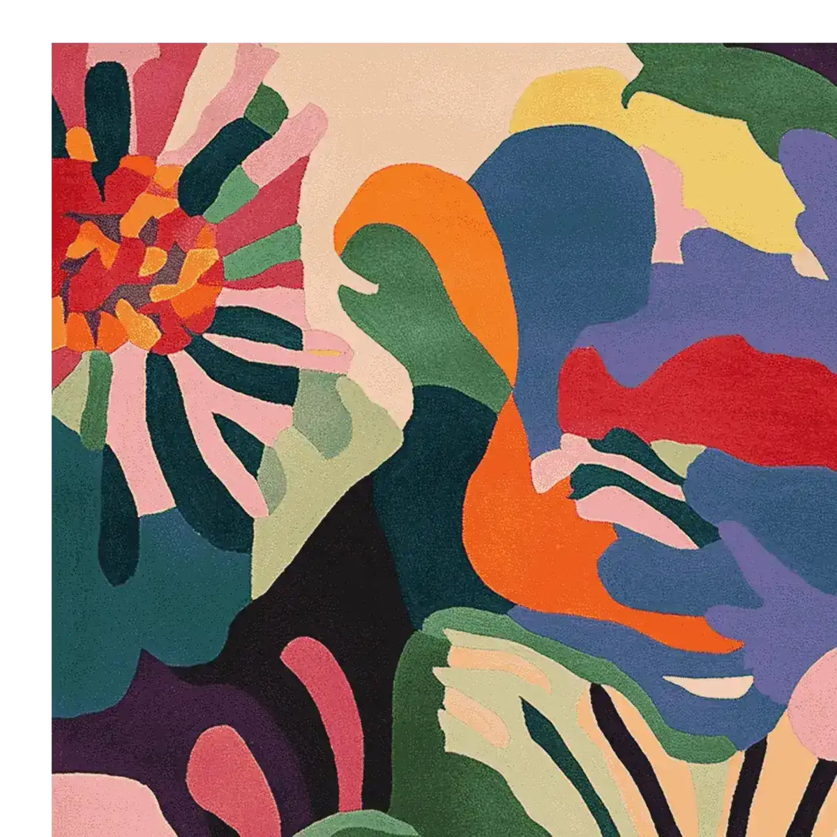 Top view of the Flora Fever Dream Hand Tufted Area Rug, showcasing a vibrant, abstract pattern with bold, colorful shapes in green, orange, blue, and pink hues. This contemporary square wool rug is perfect for adding a splash of color to your living room.