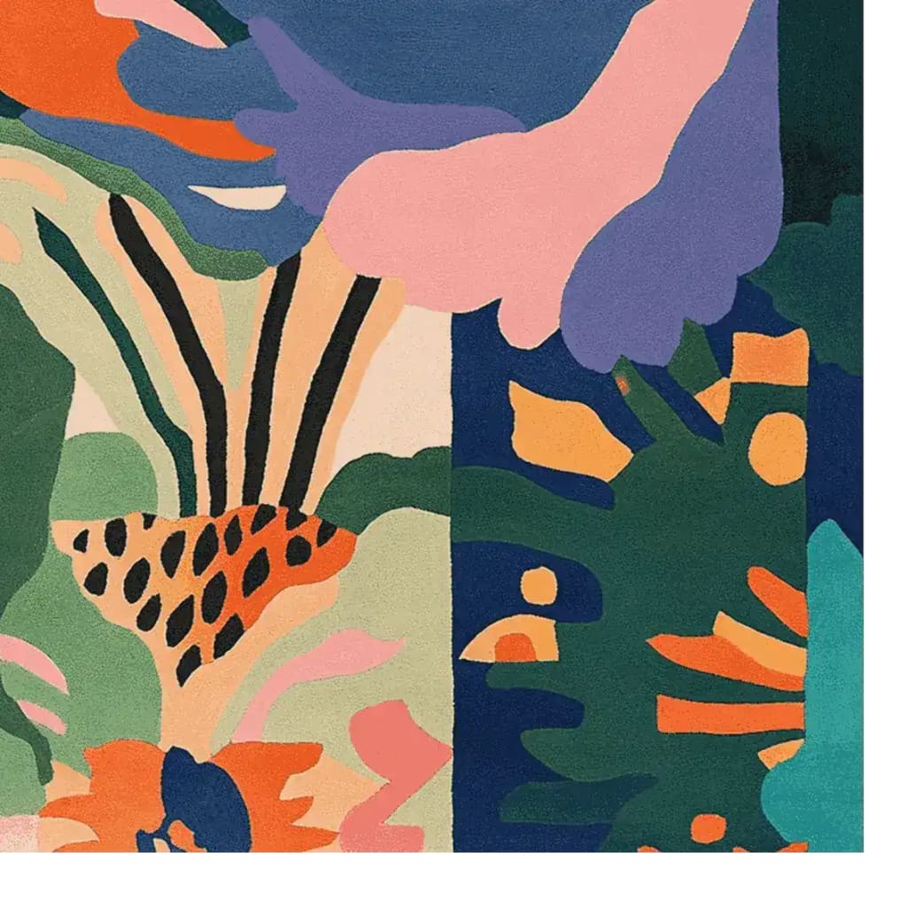 A vibrant and colorful area rug featuring an abstract design with bold shapes and colors, ideal for a contemporary living room. This square area rug is hand tufted from high-quality wool, showcasing a modern aesthetic with a blend of green, orange, pink, and blue tones.