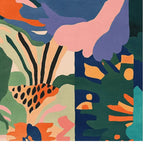 A vibrant and colorful area rug featuring an abstract design with bold shapes and colors, ideal for a contemporary living room. This square area rug is hand tufted from high-quality wool, showcasing a modern aesthetic with a blend of green, orange, pink, and blue tones.