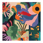 Vibrant and abstract Flora Fever Dream Hand Tufted Area Rug featuring bold floral patterns. This square rug is perfect for adding a contemporary touch to any living room. Made from high-quality wool, its colorful design includes shades of green, orange, pink, and blue, making it an ideal square area rug for modern decor.
