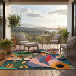 Colorful abstract rug on a wooden deck with chairs and plants, overlooking a scenic view.