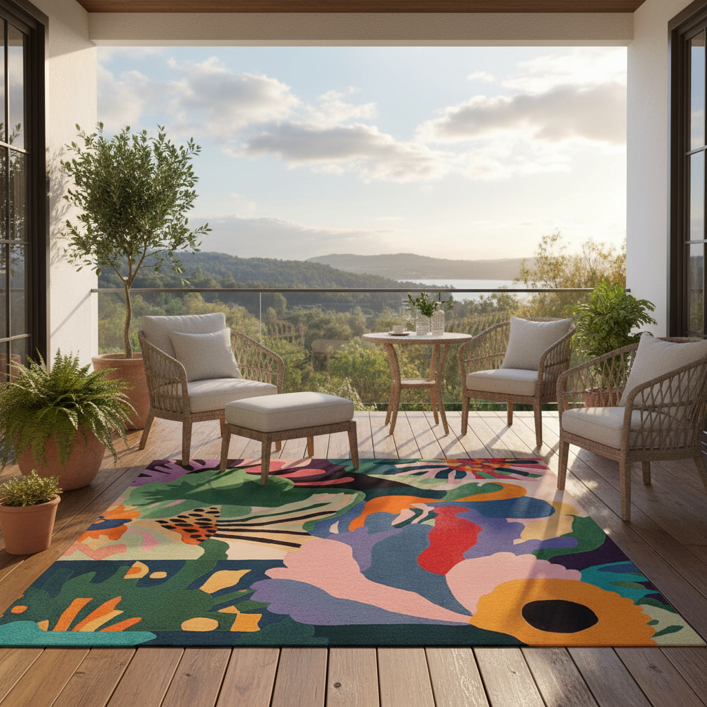 Colorful abstract rug on a wooden deck with chairs and plants, overlooking a scenic view.