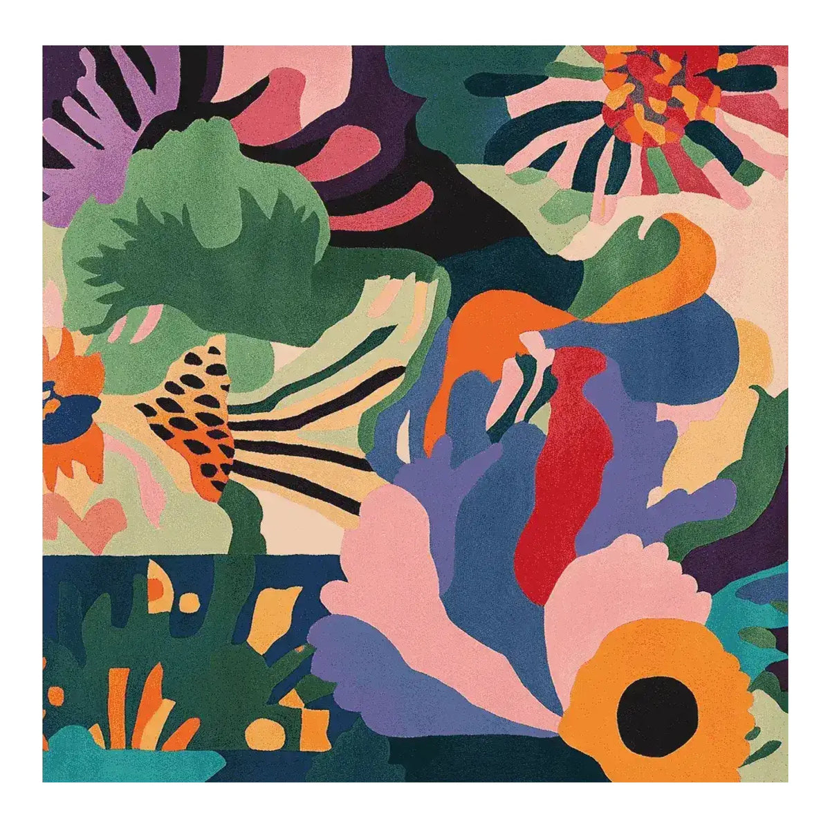 Vibrant and colorful Flora Fever Dream Hand Tufted Area Rug featuring an abstract floral design. This contemporary wool square rug is perfect for adding a splash of color to any living room.