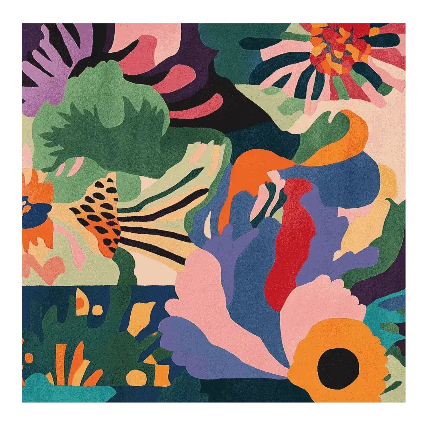 Vibrant and colorful Flora Fever Dream Hand Tufted Area Rug featuring an abstract floral design. This contemporary wool square rug is perfect for adding a splash of color to any living room.
