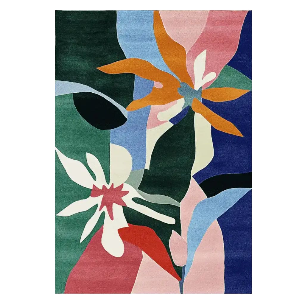 The Flora Flutter Hand Tufted Rug is a vibrant area rug featuring an abstract floral design in bold colors like green, blue, pink, and orange. Perfect for adding a contemporary touch to your living room, this wool rug combines style and comfort, making it an ideal choice for living room area rugs.