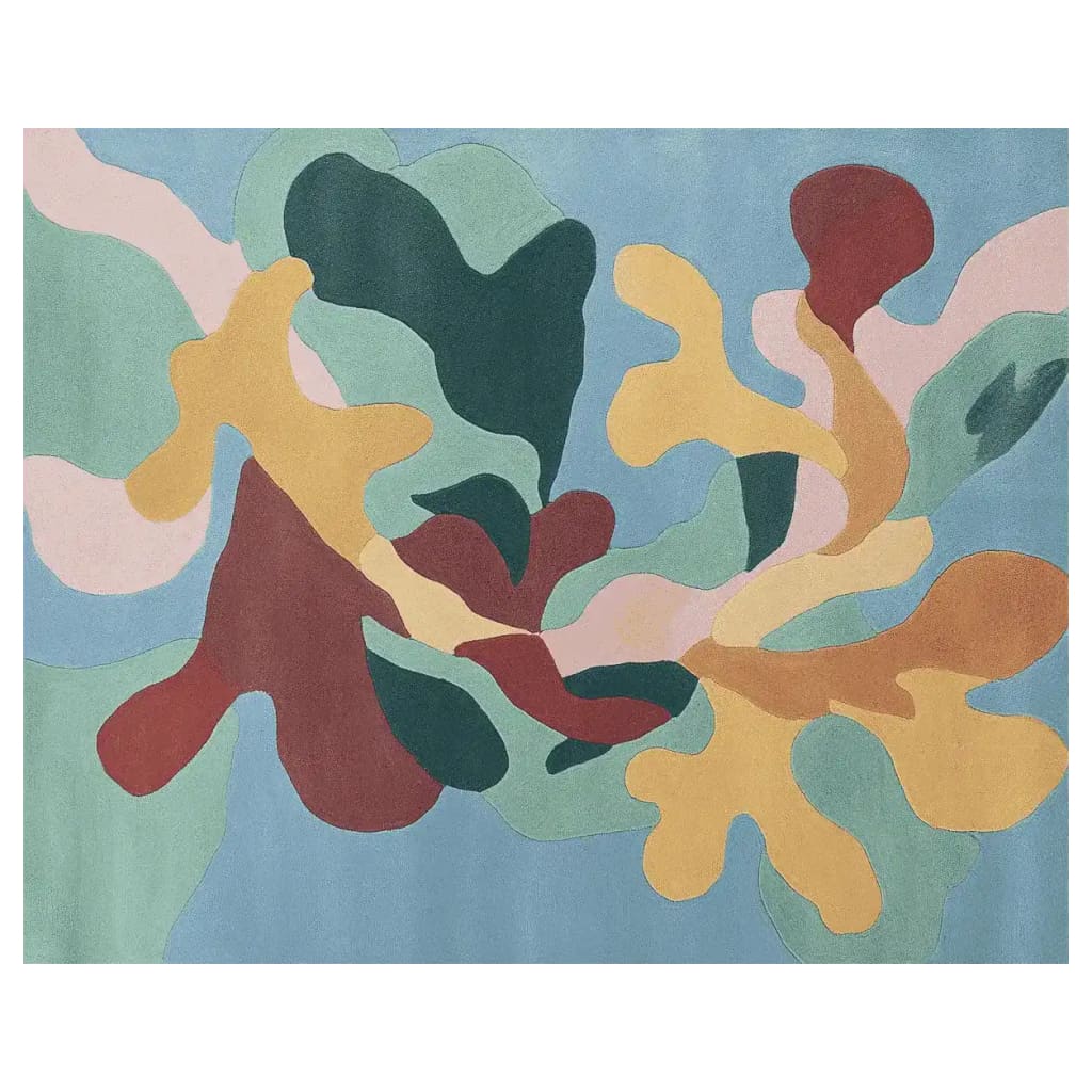 This vibrant, abstract area rug features an array of colorful organic shapes, perfect for adding a pop of color to any living room. The contemporary rug showcases a mix of greens, blues, yellows, and reds, making it an ideal choice for living room rugs 8x10. Crafted from high-quality wool, this hand-tufted masterpiece offers both style and comfort, enhancing the aesthetic appeal of your space.
