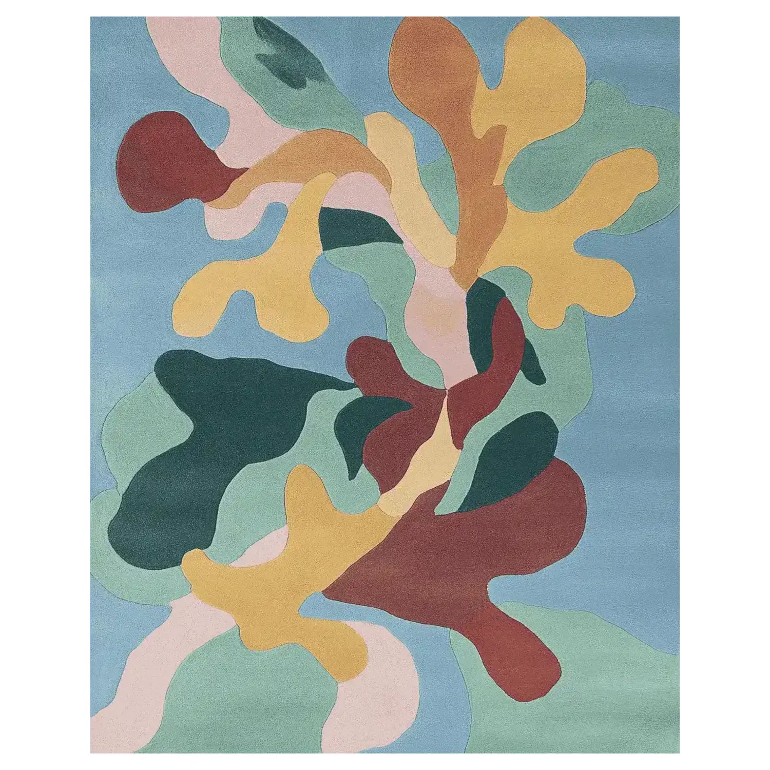 A vibrant and abstract Flora Forms Hand Tufted Area Rug, ideal for adding a contemporary touch to living room spaces. This wool rug features an artistic blend of colors and shapes, perfect for those looking for unique rugs for living room settings. Sized 8x10, it offers a modern aesthetic with its colorful, organic patterns.