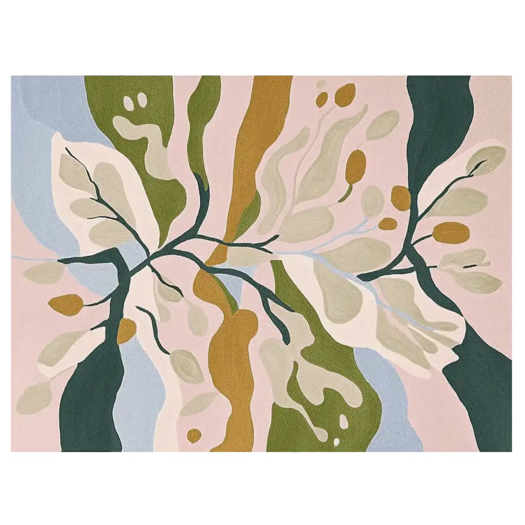A beautifully hand-tufted Flora Twist Field Area Rug featuring an abstract design with earthy tones of green, beige, and blue. This contemporary wool rug is perfect for adding a touch of elegance to any living room. Ideal for those seeking stylish area rugs for their living space.