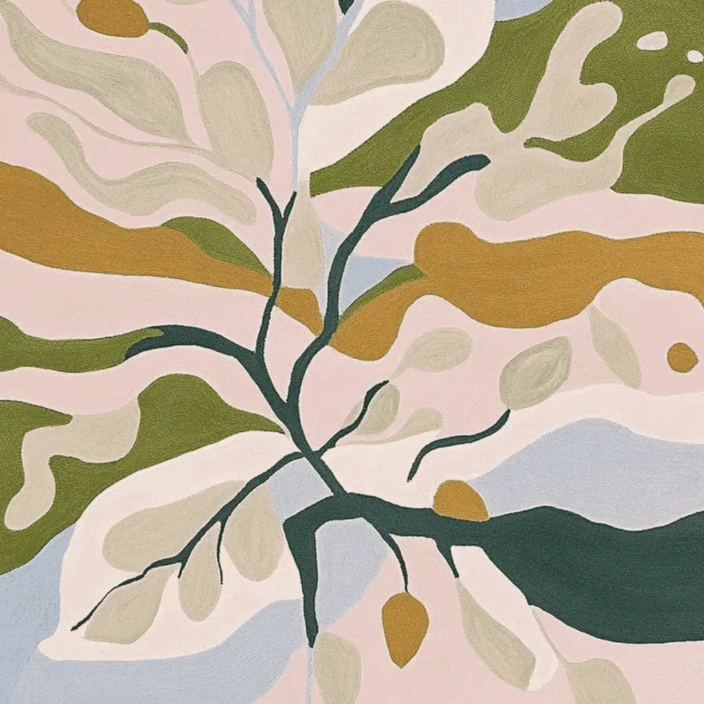 This contemporary area rug, titled 'Flora Twist Field Hand Tufted Rug', features an abstract floral design in soft pastel colors, perfect for enhancing the aesthetics of any living room. Hand-tufted from wool, this elegant wool rug offers a modern touch, making it an ideal choice for area rugs for living rooms.