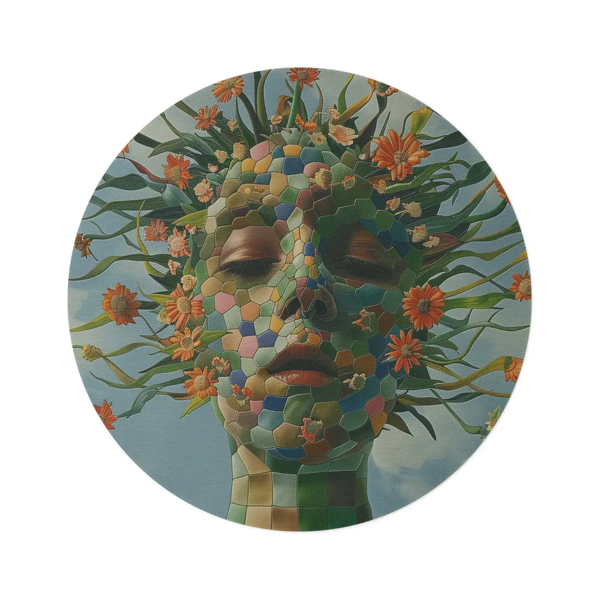 Round rug with surreal mosaic-tiled female face crowned by orange flowers and leaves on pale blue sky, Floral Abstract Portrait Round Rug