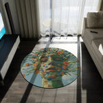Floral Abstract Portrait Round Rug in sunlit contemporary living room with dark flooring, TV unit, and bright balcony