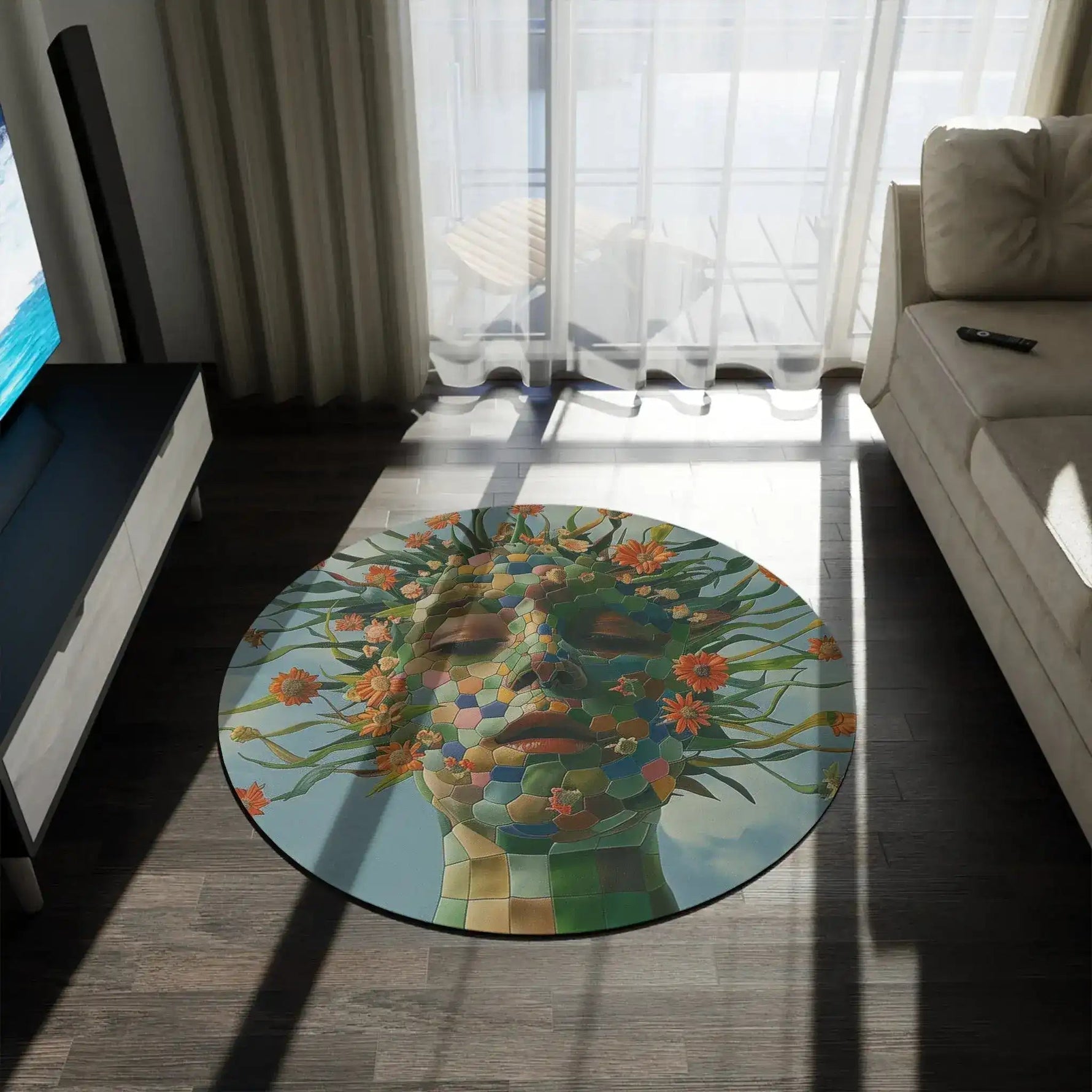 Floral Abstract Portrait Round Rug in sunlit contemporary living room with dark flooring, TV unit, and bright balcony