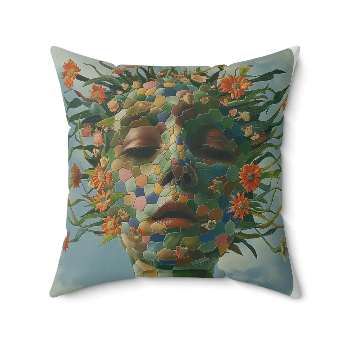 Floral Abstract Portrait Throw Pillow printed with a hexagonal-mosaic face interwoven with orange daisy stems and trailing leaves on pale blue sky