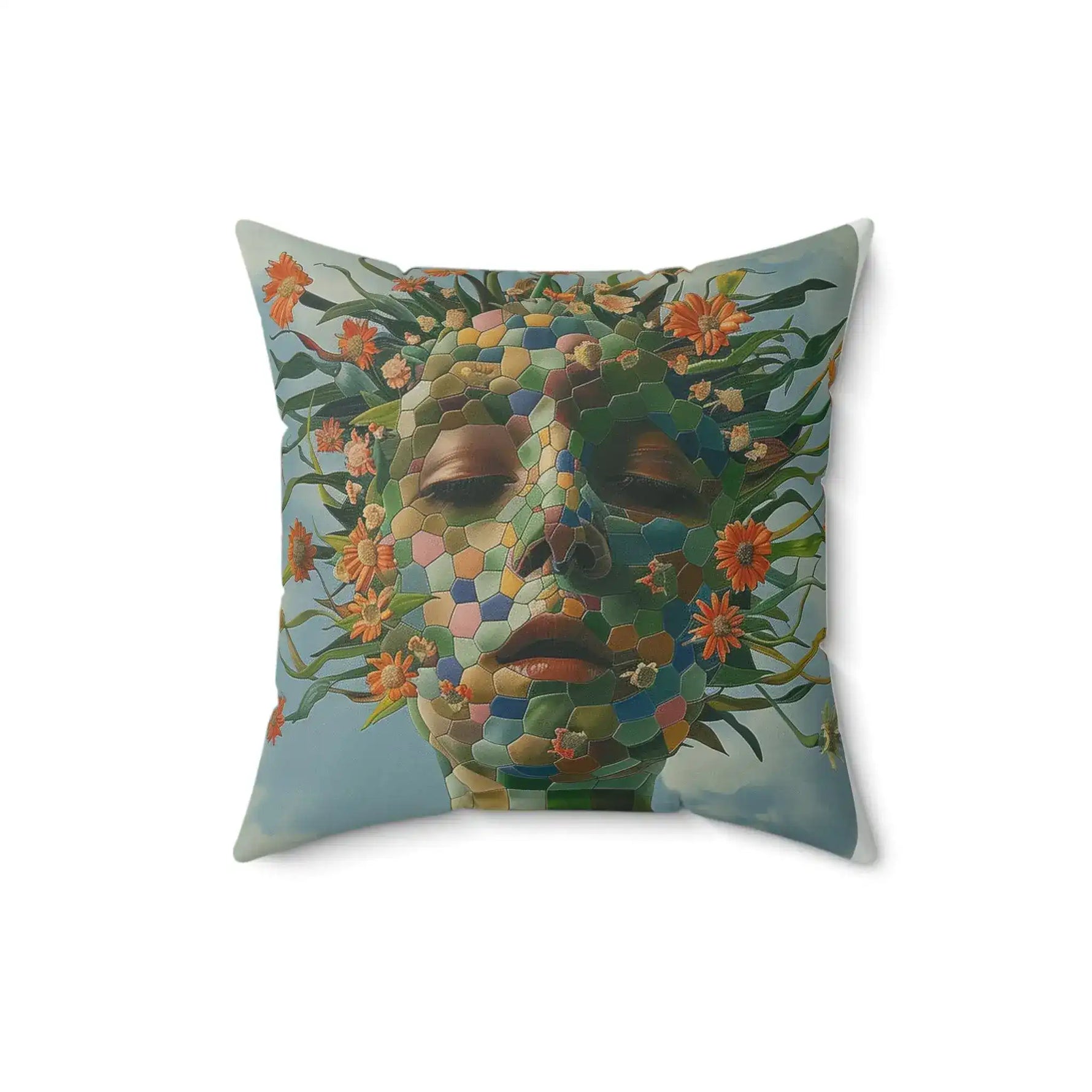 Floral Abstract Portrait Throw Pillow with a close-up mosaic face surrounded by orange daisy blooms and green leaves on a muted blue-grey ground