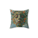 Floral Abstract Portrait Throw Pillow with a mosaic-tiled face adorned with orange and yellow blooms and green leaves on a sky-blue ground, front view