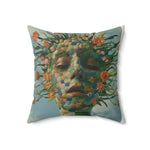 Floral Abstract Portrait Throw Pillow with face composed of colorful hexagonal mosaic tiles with orange flowers and vines against a cloudy sky ground