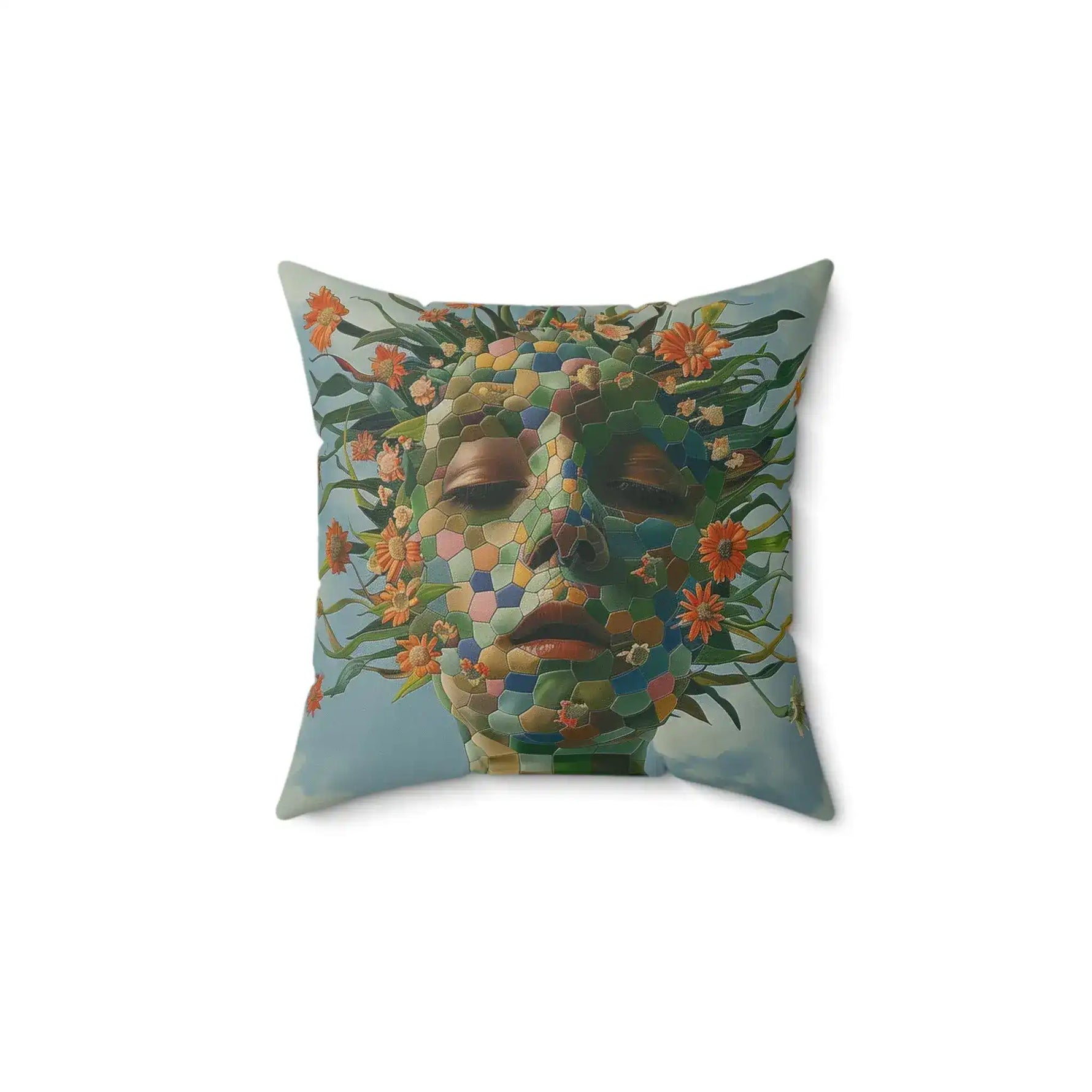 Floral Abstract Portrait Throw Pillow with mosaic-tile floral face portrait and colorful blooms on sky-blue ground, full pillow white-background view