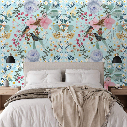 Floral and Bird Sky Blue Wallpaper