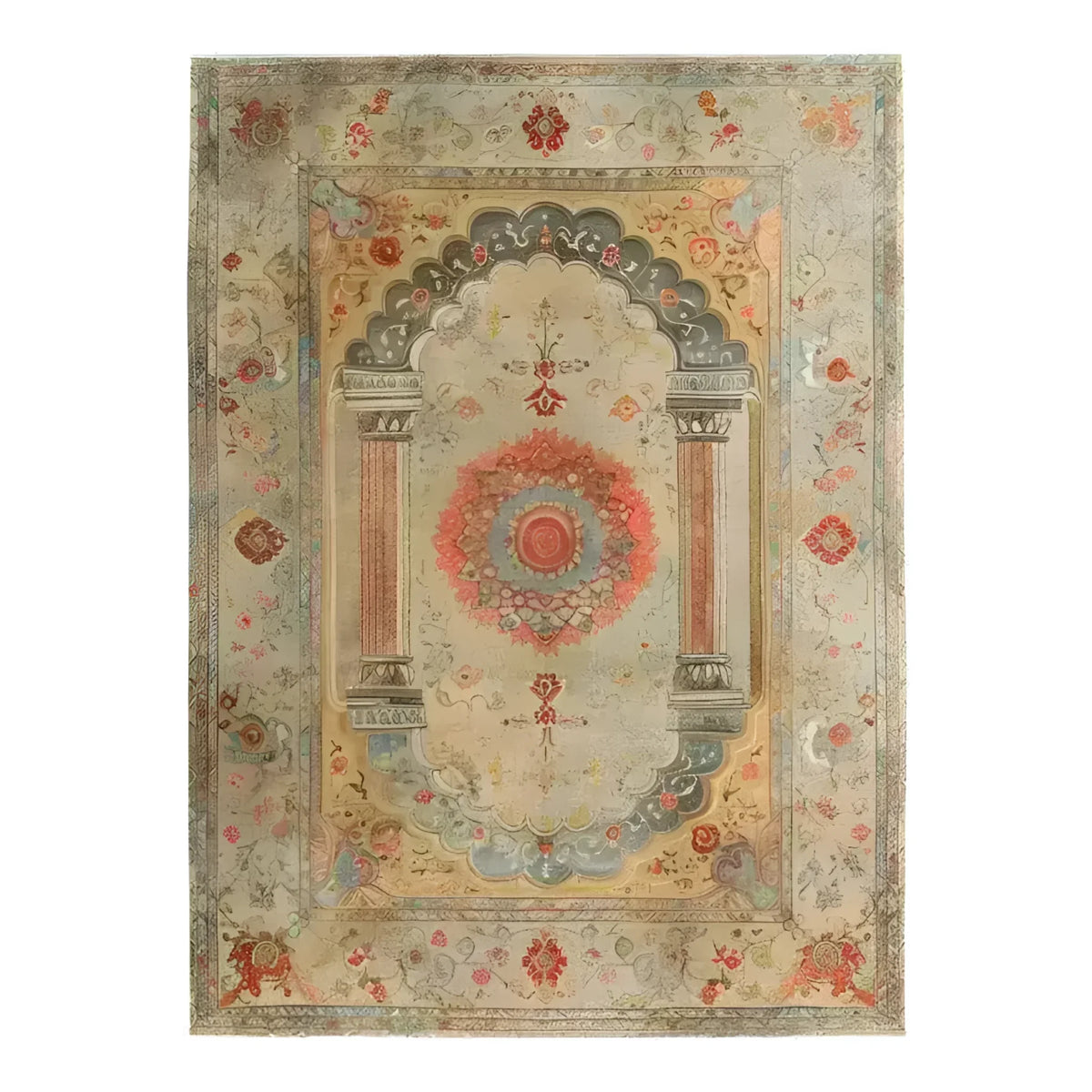A beautifully crafted Floral Archway Hand Knotted Area Rug showcasing intricate vintage Persian designs. This large living room rug features an elaborate central medallion framed by ornate columns and floral patterns, ideal for adding a touch of elegance to your space.
